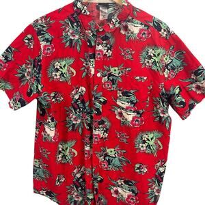 Star Wars Mandalorian Aloha Shirt Red Tropical Floral Button-Up Men’s Large
